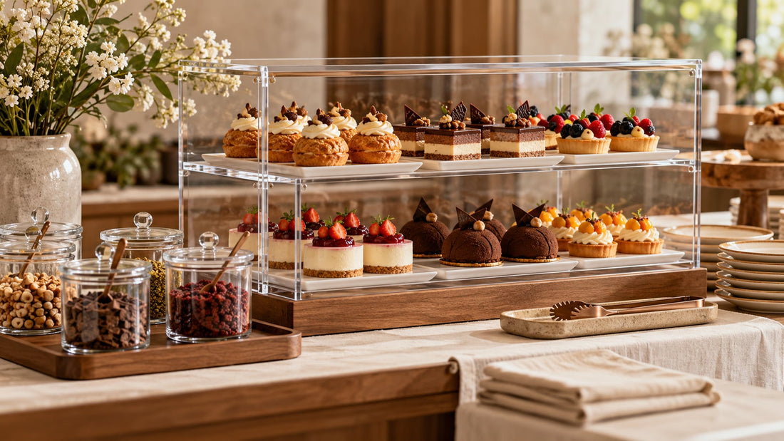 A refined dessert station with a clean clear display case holding neatly plated pastries and separate small covered topping