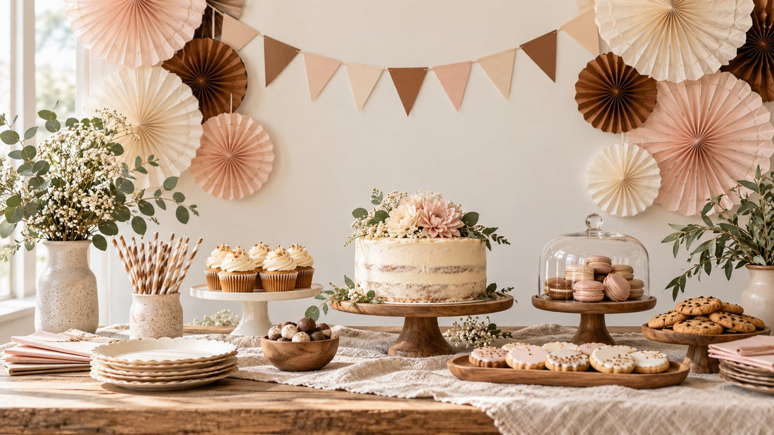 A curated party styling layout with soft ivory and muted blush paper