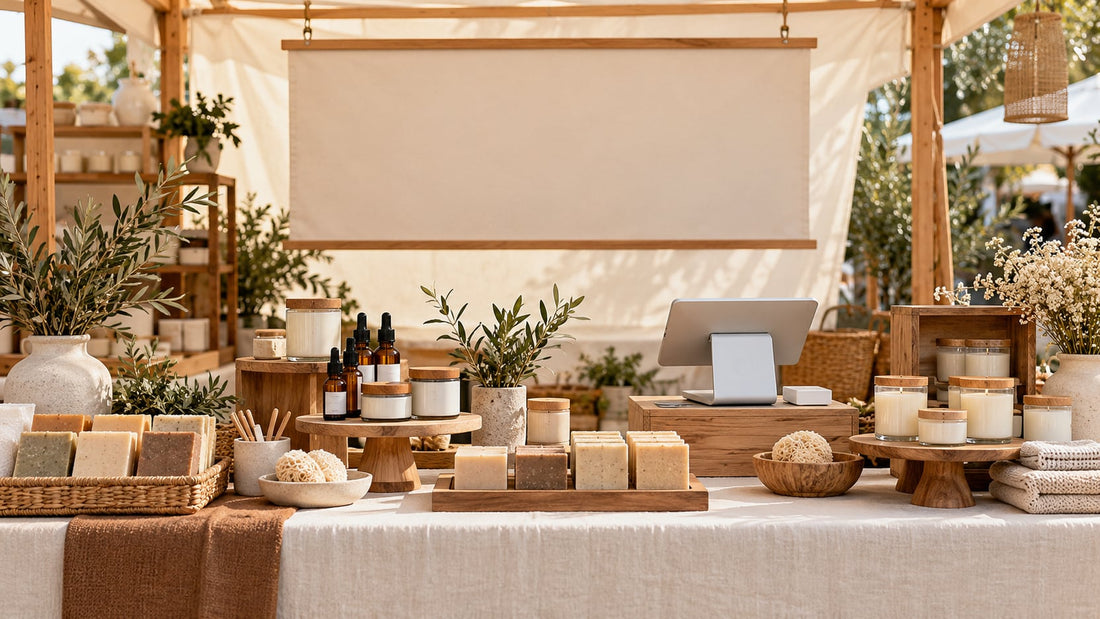 A refined small vendor booth with orderly neutral display