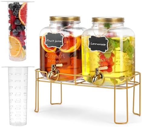 1.6 gallon Glass Beverage Dispenser with Stand, 2PACK Lemonade Dispenser with Spigot Stainless Steel, Drink