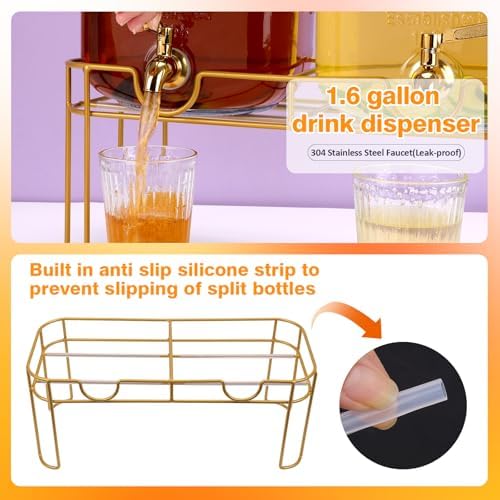 1.6 gallon Glass Beverage Dispenser with Stand, 2PACK Lemonade Dispenser with Spigot Stainless Steel, Drink, alternate view 4