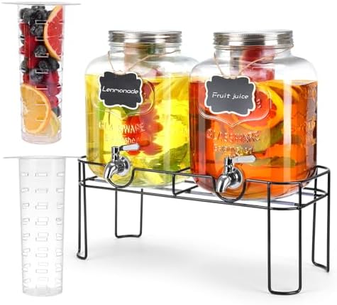 1.6 Gallon Glass Drink dispenser, 2 PCS Beverage Dispenser With Stand, Lemonade Dispenser with Stainless Steel