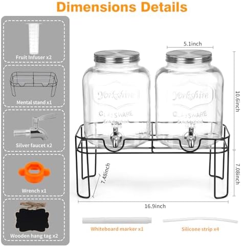 1.6 Gallon Glass Drink dispenser, 2 PCS Beverage Dispenser With Stand, Lemonade Dispenser with Stainless Steel, alternate