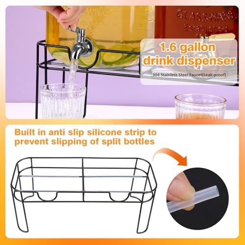 1.6 Gallon Glass Drink dispenser, 2 PCS Beverage Dispenser With Stand, Lemonade Dispenser with Stainless Steel, alternate