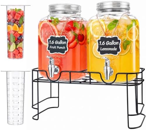 1.6 Gallon Glass Drink Dispenser with Stand & Fruit Infuser 2 Pcs
