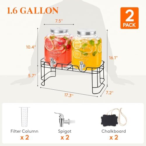 1.6 Gallon Glass Drink Dispenser with Stand & Fruit Infuser 2 Pcs, alternate view 2