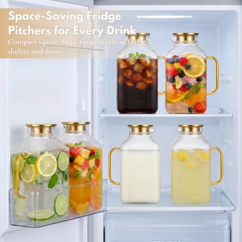 1 Gallon Amber Glass Pitcher with Lid, 2 Pack Ribbed Glass Water Carafe with Spout for Iced Tea, Coffee, Juice, alternate