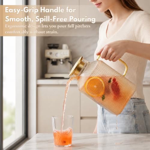 1 Gallon Amber Glass Pitcher with Lid, 2 Pack Ribbed Glass Water Carafe with Spout for Iced Tea, Coffee, Juice, alternate