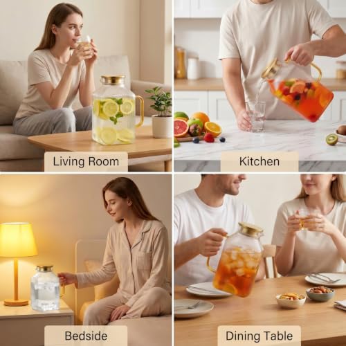 1 Gallon Amber Glass Pitcher with Lid, 2 Pack Ribbed Glass Water Carafe with Spout for Iced Tea, Coffee, Juice, alternate