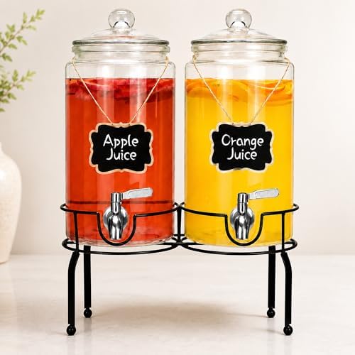 1 Gallon Beverage Dispenser 2 Pack, Stainless Steel Spigot Drink Dispenser for Parties with Stand, Clear Glass