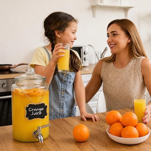 1 Gallon Beverage Dispenser 2 Pack, Stainless Steel Spigot Drink Dispenser for Parties with Stand, Clear Glass, alternate