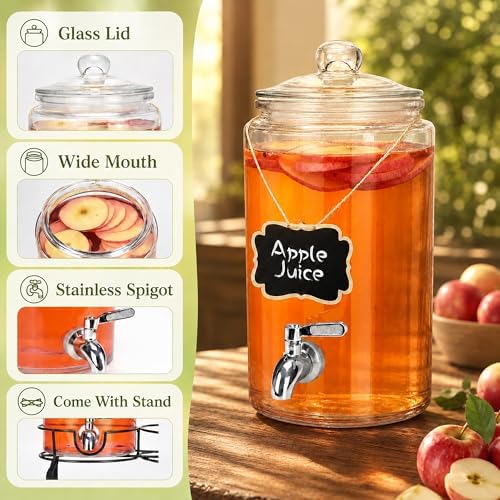 1 Gallon Beverage Dispenser 2 Pack, Stainless Steel Spigot Drink Dispenser for Parties with Stand, Clear Glass, alternate
