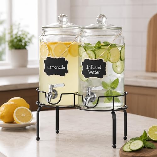1 Gallon Beverage Dispenser 2 Pack, Stainless Steel Spigot Drink Dispenser for Parties with Stand, Clear Glass, alternate