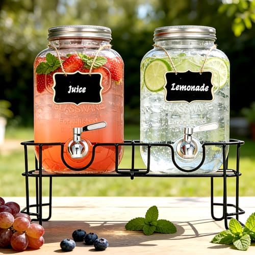 1 Gallon Glass Beverage Dispenser, 2 Pack Glass Drink Dispensers for Parties with Stand, Lid&Stainless Steel, alternate view