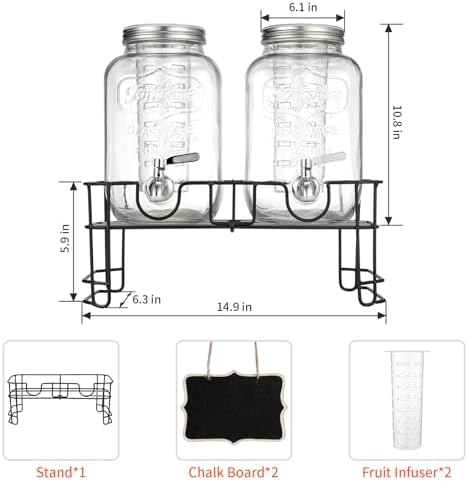 1 Gallon Glass Beverage Dispenser, 2 Pack Glass Drink Dispensers for Parties with Stand, Lid&Stainless Steel, alternate view