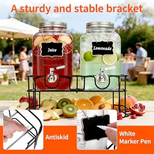 1 Gallon Glass Beverage Dispenser, 2 Pack Glass Drink Dispensers for Parties with Stand, Lid&Stainless Steel, alternate view