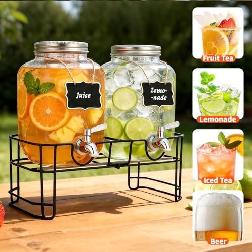 1 Gallon Glass Beverage Dispenser, 2 Pack Glass Drink Dispensers for Parties with Stand, Lid&Stainless Steel, alternate view