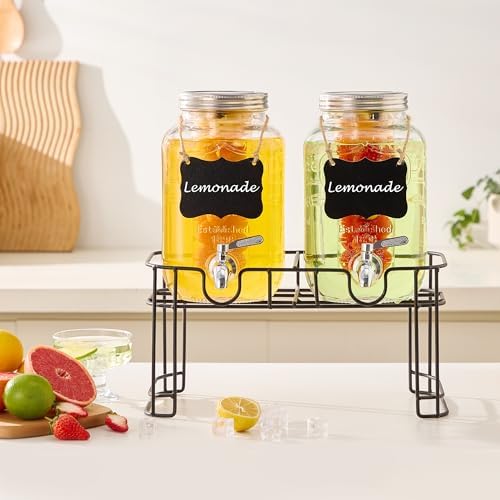 1 Gallon Glass Beverage Dispenser Set of 2 with Stand & Fruit Infuser, Stainless Steel Spigot, Beverage, alternate view 2
