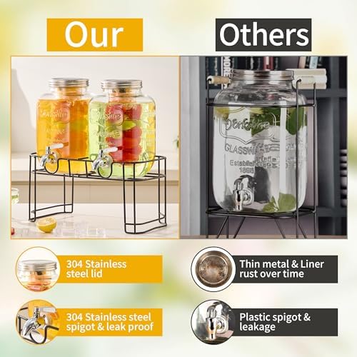 1 Gallon Glass Beverage Dispenser Set of 2 with Stand & Fruit Infuser, Stainless Steel Spigot, Beverage, alternate view 4