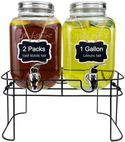 1 Gallon Glass Drink Dispenser for Parties, 2 Packs Juice Lemonade Ice Tea Water Dispenser with Stand, Beverage