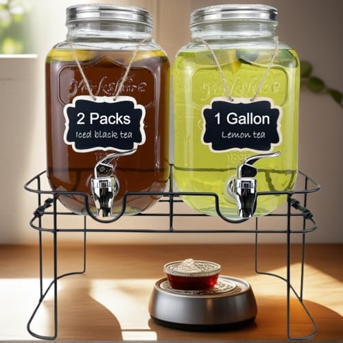 1 Gallon Glass Drink Dispenser for Parties, 2 Packs Juice Lemonade Ice Tea Water Dispenser with Stand, Beverage, alternate