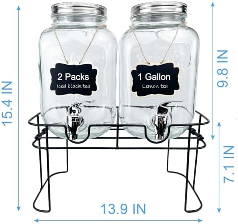 1 Gallon Glass Drink Dispenser for Parties, 2 Packs Juice Lemonade Ice Tea Water Dispenser with Stand, Beverage, alternate