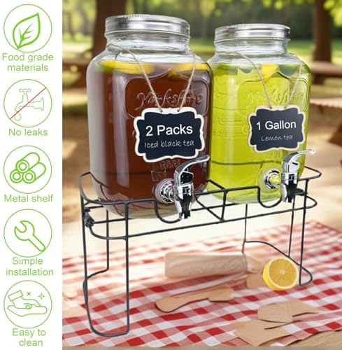 1 Gallon Glass Drink Dispenser for Parties, 2 Packs Juice Lemonade Ice Tea Water Dispenser with Stand, Beverage, alternate