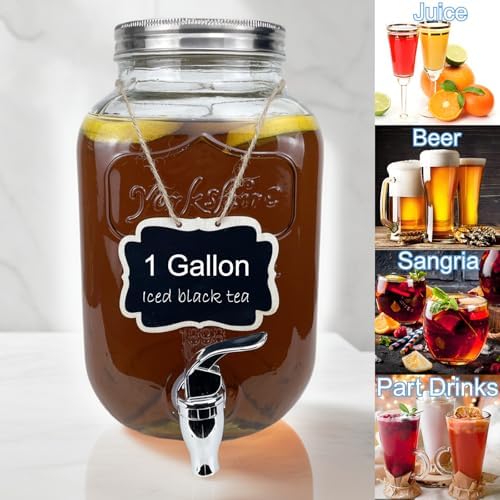1 Gallon Glass Drink Dispenser for Parties, 2 Packs Juice Lemonade Ice Tea Water Dispenser with Stand, Beverage, alternate