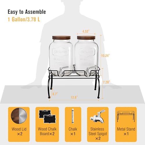 1 Gallon Glass Drink Dispenser for Parties with Stand, 2 Pcs, alternate view 3