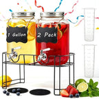 1 Gallon Glass Drink Dispenser with Stand,2 Pack Glass Beverage Dispenser with Stainless Steel Spigot, Water
