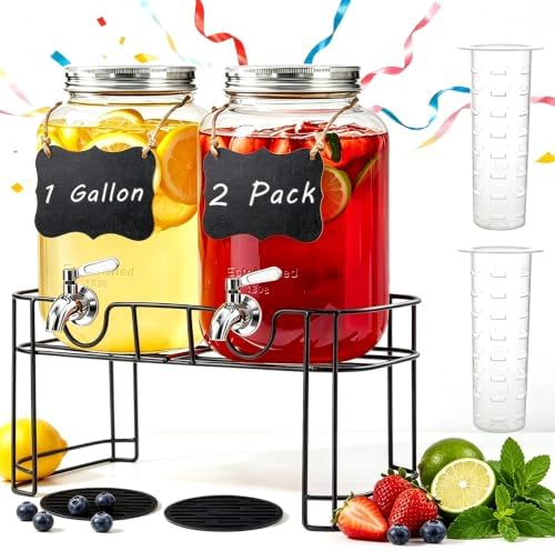 1 Gallon Glass Drink Dispenser with Stand,2 Pack Glass Beverage Dispenser with Stainless Steel Spigot, Water