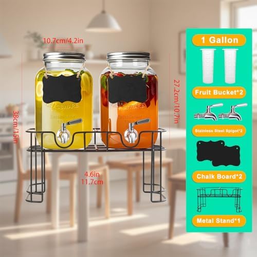 1 Gallon Glass Drink Dispenser with Stand,2 Pack Glass Beverage Dispenser with Stainless Steel Spigot, Water, alternate view