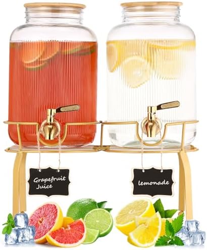 1 Gallon Glass Drink Dispenser with Stand, 2pack Drink Dispensers For Parties, Beverage Dispenser With Bamboo