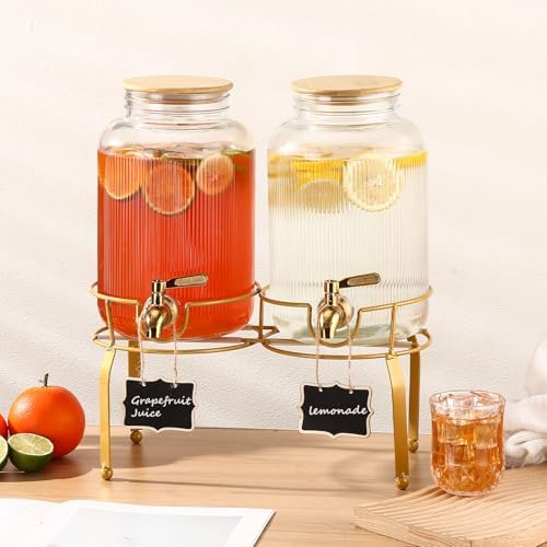 1 Gallon Glass Drink Dispenser with Stand, 2pack Drink Dispensers For Parties, Beverage Dispenser With Bamboo, alternate view