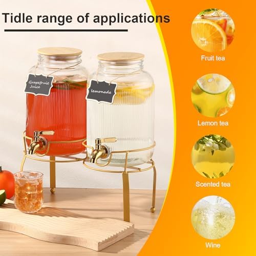 1 Gallon Glass Drink Dispenser with Stand, 2pack Drink Dispensers For Parties, Beverage Dispenser With Bamboo, alternate view