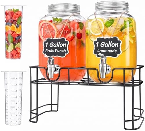1 Gallon Glass Drink Dispenser with Stand & Fruit Infuser 2 Pcs