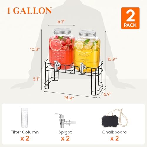 1 Gallon Glass Drink Dispenser with Stand & Fruit Infuser 2 Pcs, alternate view 2