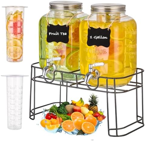 1 Gallon Glass Drink Dispensers for Parties, 2 Pack Beverage Dispenser with Stand, Fruit Infuser & Leakproof
