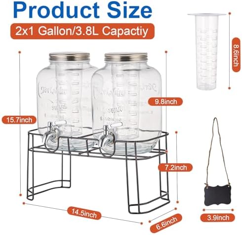 1 Gallon Glass Drink Dispensers for Parties, 2 Pack Beverage Dispenser with Stand, Fruit Infuser & Leakproof, alternate view