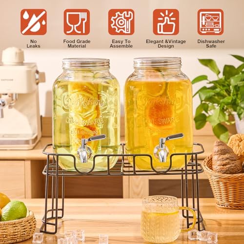 1 Gallon Glass Drink Dispensers for Parties, 2 Pack Beverage Dispenser with Stand, Fruit Infuser & Leakproof, alternate view