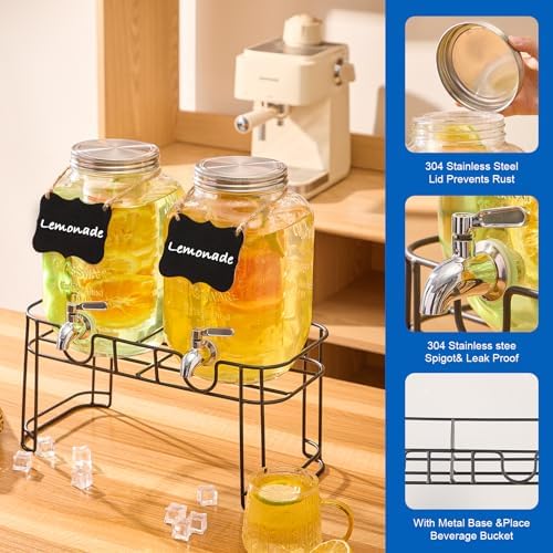 1 Gallon Glass Drink Dispensers for Parties, 2 Pack Beverage Dispenser with Stand, Fruit Infuser & Leakproof, alternate view