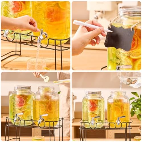 1 Gallon Glass Drink Dispensers for Parties, 2 Pack Beverage Dispenser with Stand, Fruit Infuser & Leakproof, alternate view