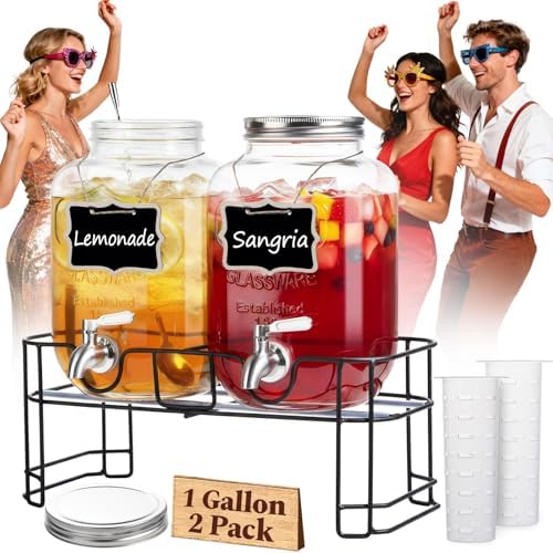 1 Gallon Glass Drink Dispensers for Parties, 2 Pack Leakproof Beverage Dispenser with Stand & 18/10 Stainless