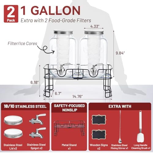 1 Gallon Glass Drink Dispensers for Parties, 2 Pack Leakproof Beverage Dispenser with Stand & 18/10 Stainless, alternate view