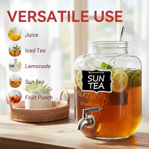 1 Gallon Glass Drink Dispensers for Parties, 2 Pack Leakproof Beverage Dispenser with Stand & 18/10 Stainless, alternate view