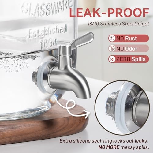 1 Gallon Glass Drink Dispensers for Parties, 2 Pack Leakproof Beverage Dispenser with Stand & 18/10 Stainless, alternate view
