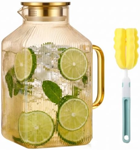 1 Gallon Glass Pitcher with Lid, 1 Pack Ribbed Amber Glass Water Carafe with Spout for Iced Tea, Coffee, Juice