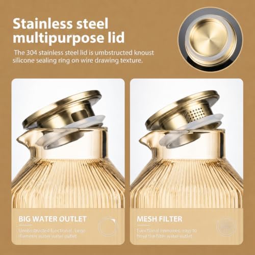 1 Gallon Glass Pitcher with Lid, 1 Pack Ribbed Amber Glass Water Carafe with Spout for Iced Tea, Coffee, Juice, alternate