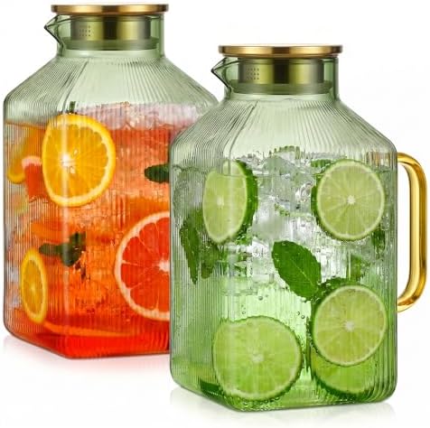 1 Gallon Glass Pitcher with Lid, 2 Pack Ribbed Green Glass Water Carafe with Spout for Iced Tea, Coffee, Juice