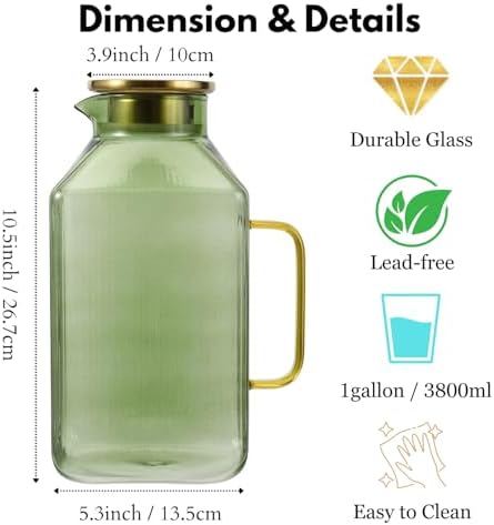 1 Gallon Glass Pitcher with Lid, 2 Pack Ribbed Green Glass Water Carafe with Spout for Iced Tea, Coffee, Juice, alternate